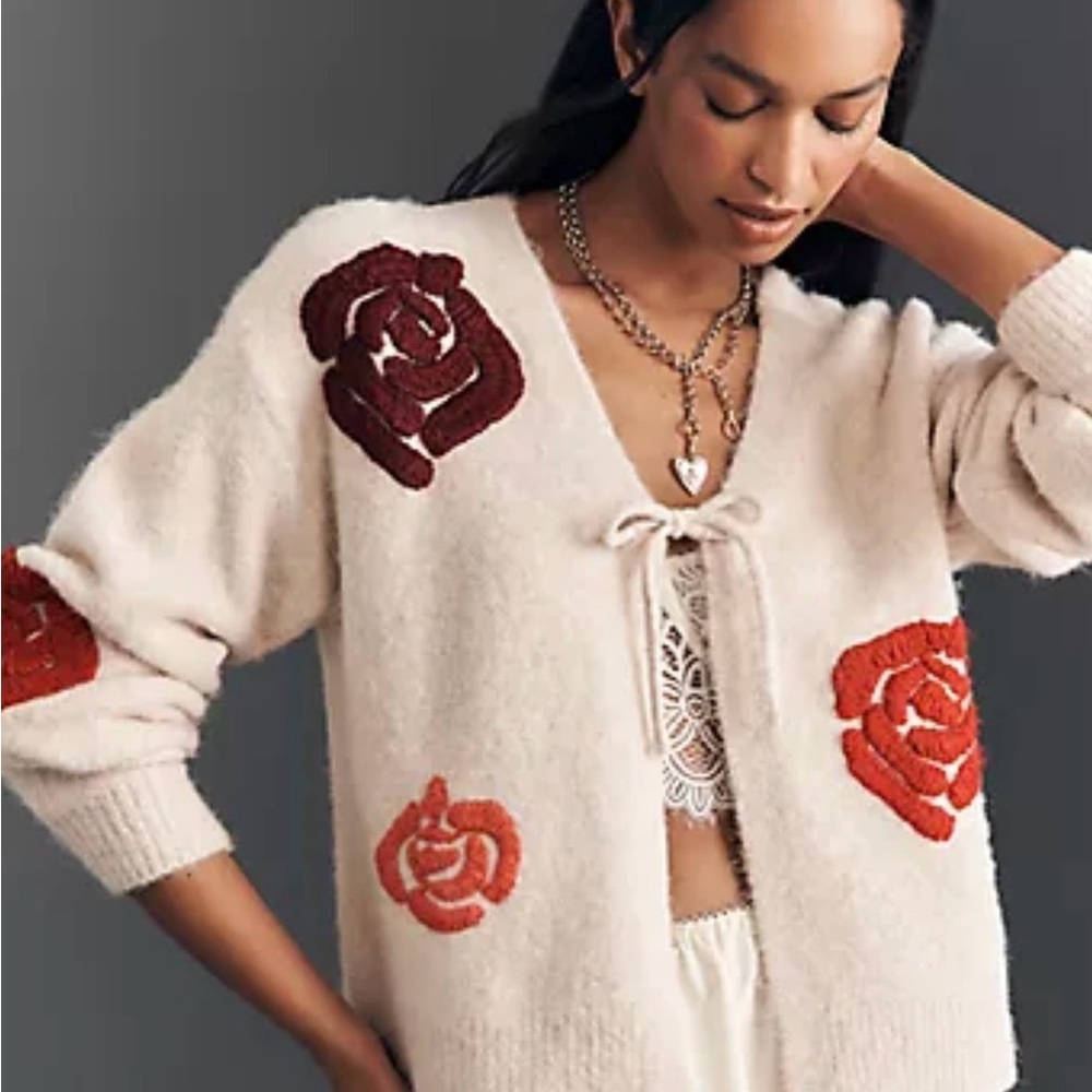Anthropology  💕 Floral Embroidered Cream Cardigan